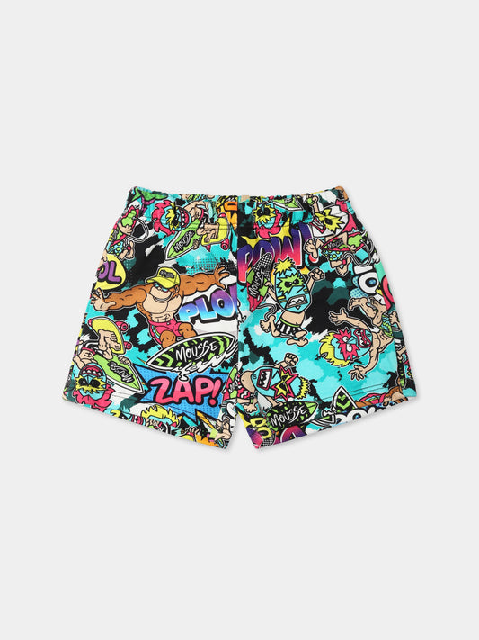 Shorts multicolor per neonato con scimmia e mostri maori,Mousse Kids,SKNBF383