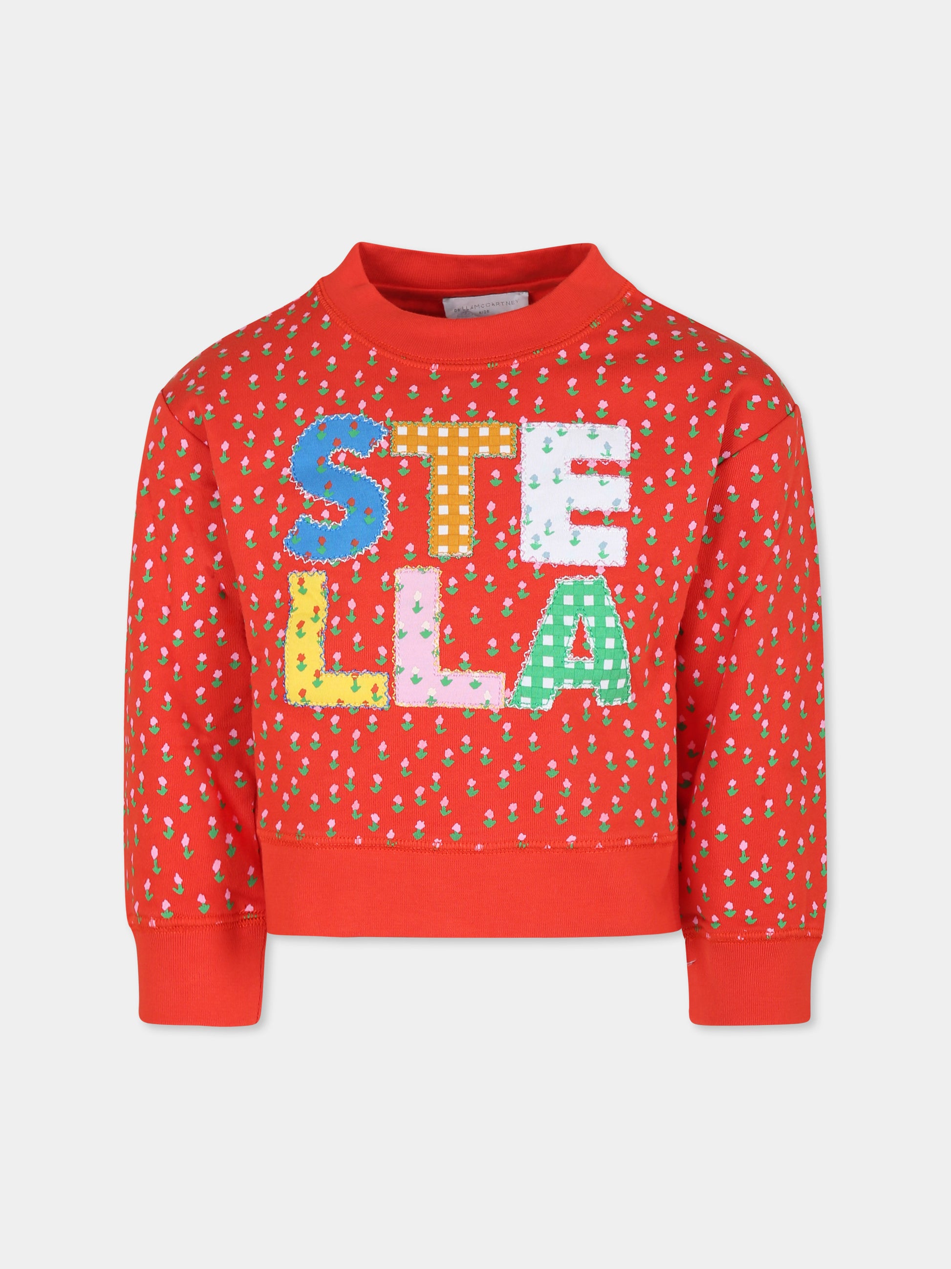 Felpa rossa per bambina con logo e fiori all over,Stella Mccartney Kids,TV4A10 Z2094 421MC