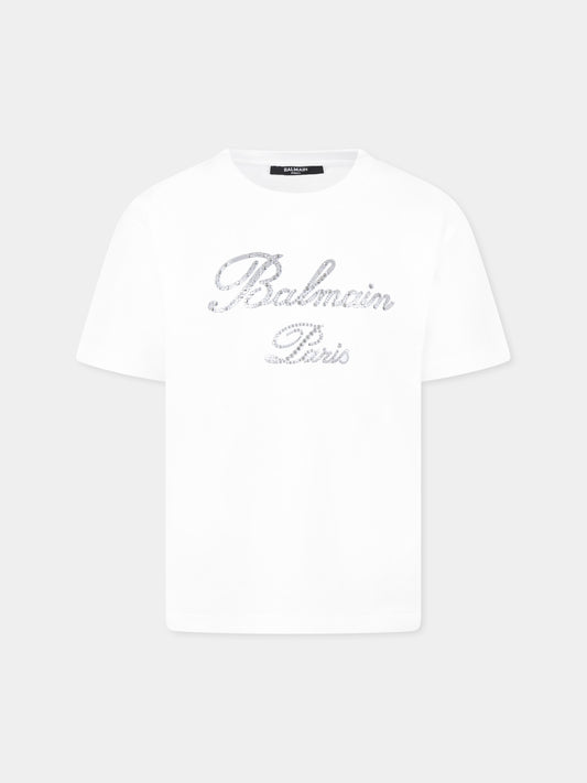 T-shirt bianca per bambina con logo,Balmain Kids,BV8Q51 Z0057 100AG