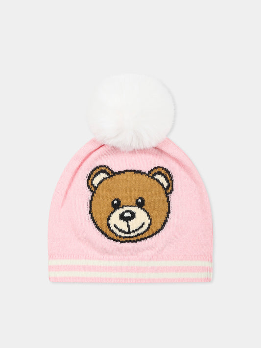 Berretto rosa per neonata con Teddy Bear,Moschino Kids,MUX04W LHE43 50209