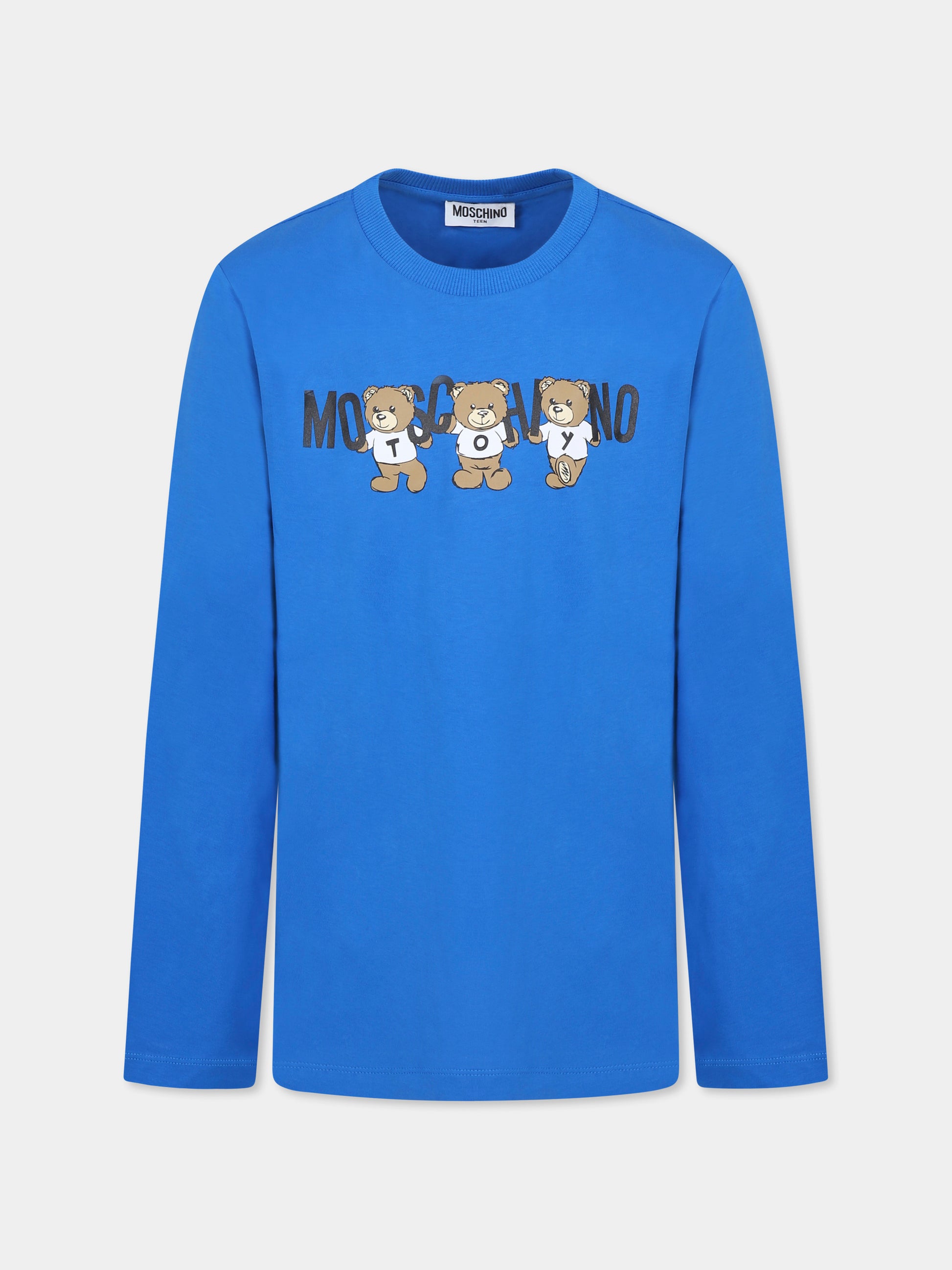 T-shirt blu per bambino con tre Teddy Bears,Moschino Kids,HQO00J LAA10 40515