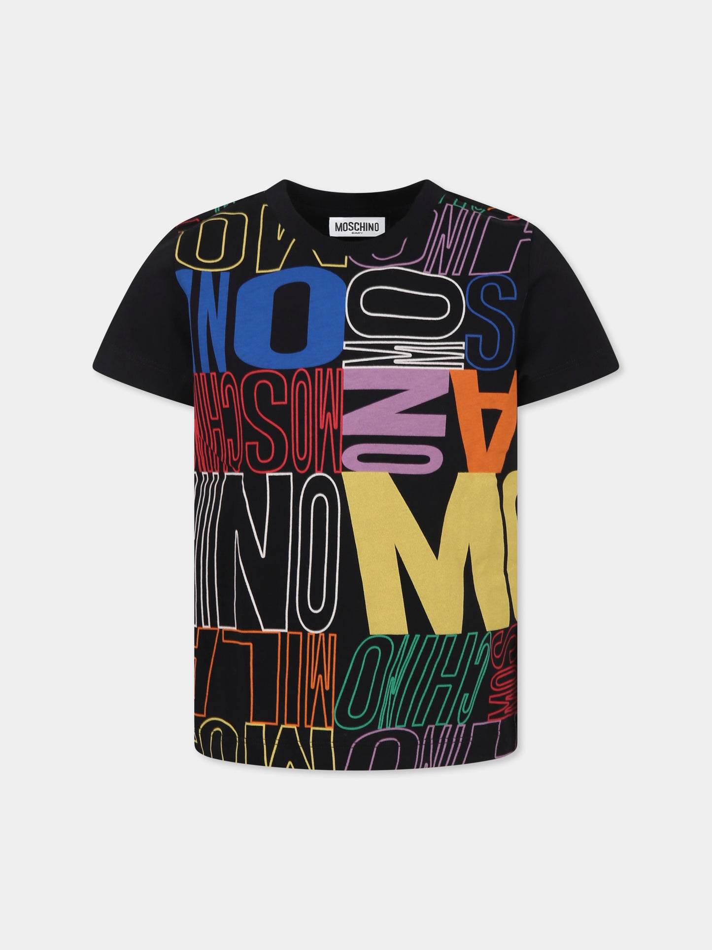 T-shirt nera per bambini con logo all over,Moschino Kids,HSM04K LAB98 83630