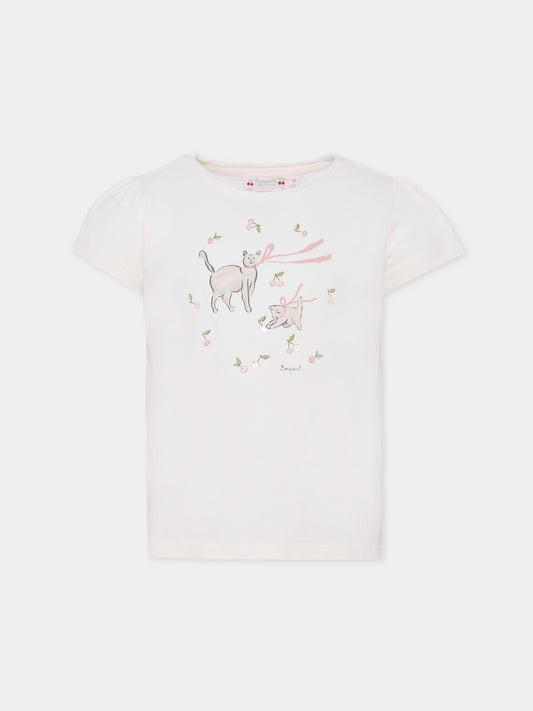 T-shirt avorio per bambina con ciliegie e gatto,Bonpoint,W05GTSK00009 103
