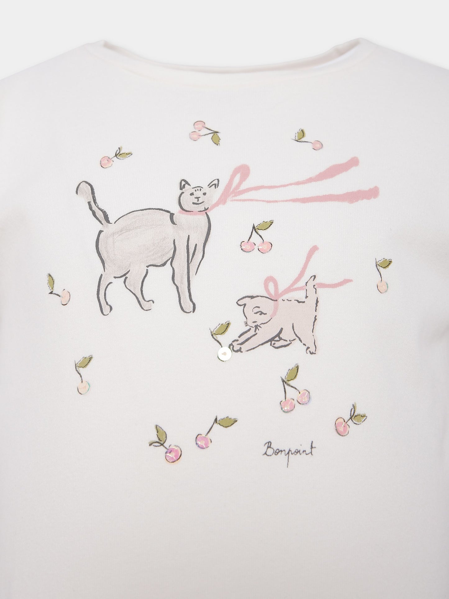 T-shirt avorio per bambina con ciliegie e gatto,Bonpoint,W05GTSK00009 103