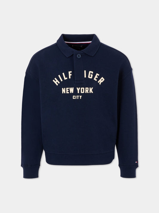 Felpa blu per bambino con logo avorio,Tommy Hilfiger Junior,25CTHKB0KB09805 C1G