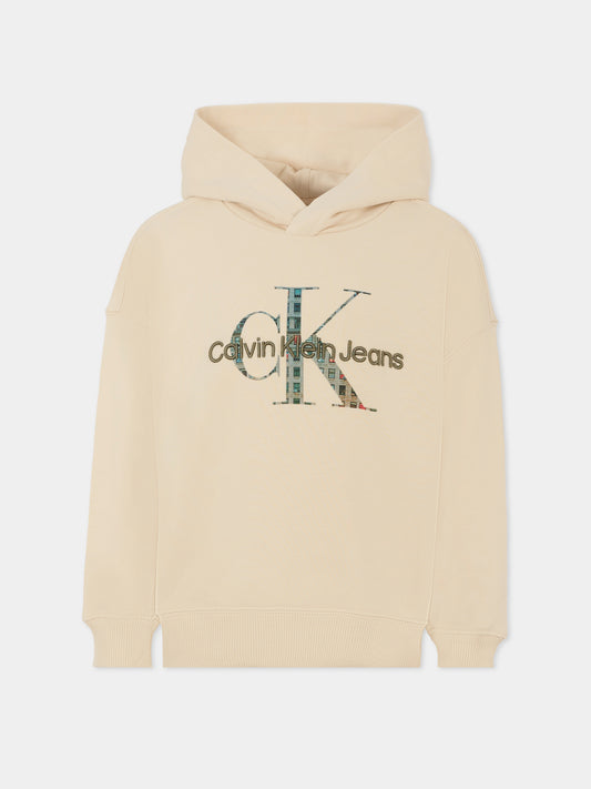 Felpa avorio per bambina con logo ricamato,Calvin Klein Kids,25CCKIB0IB02524 PGB