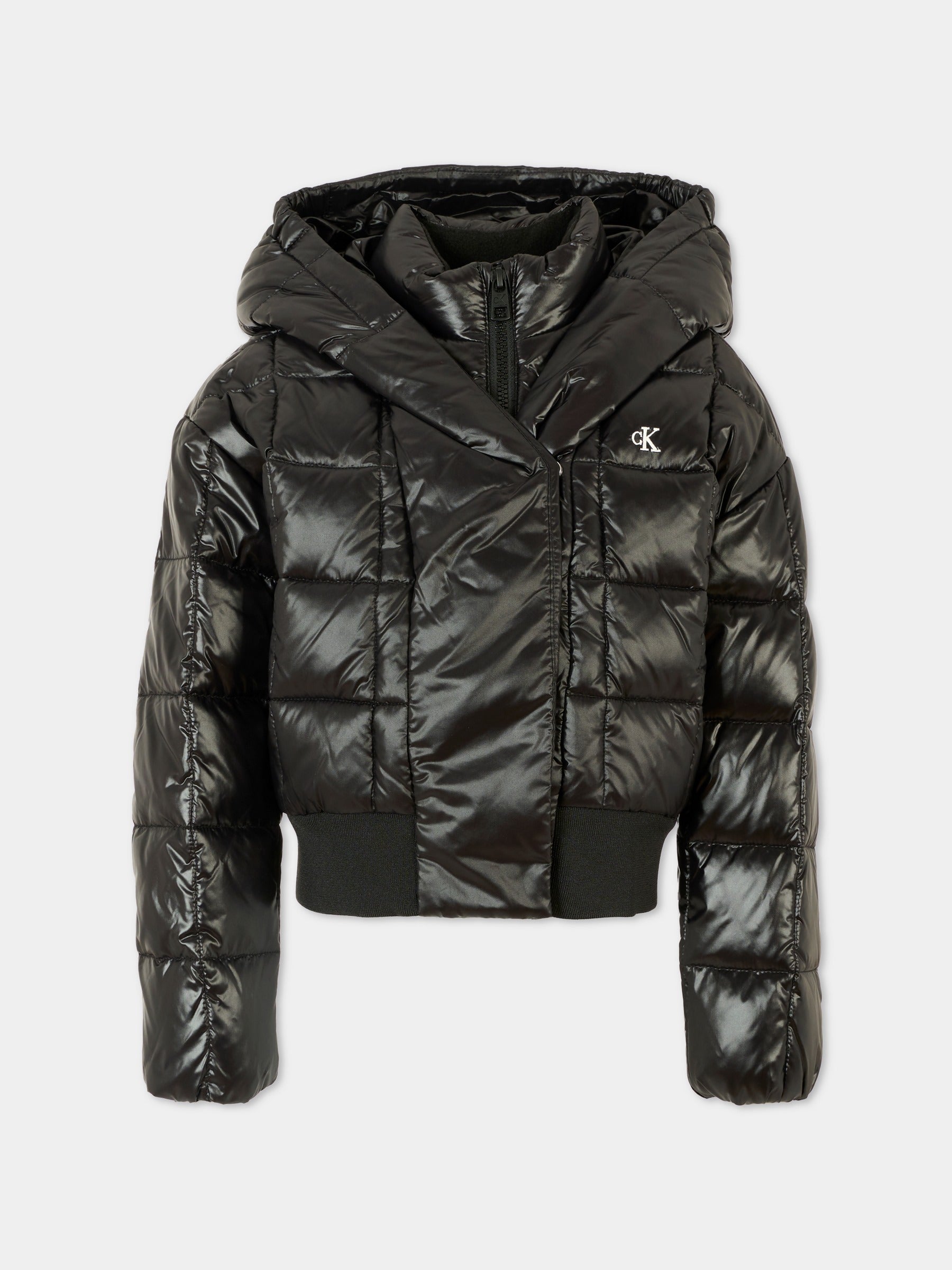 Piumino crop nero per bambina con logo ricamato,Calvin Klein Kids,25CCKIG0IG02988 BEH