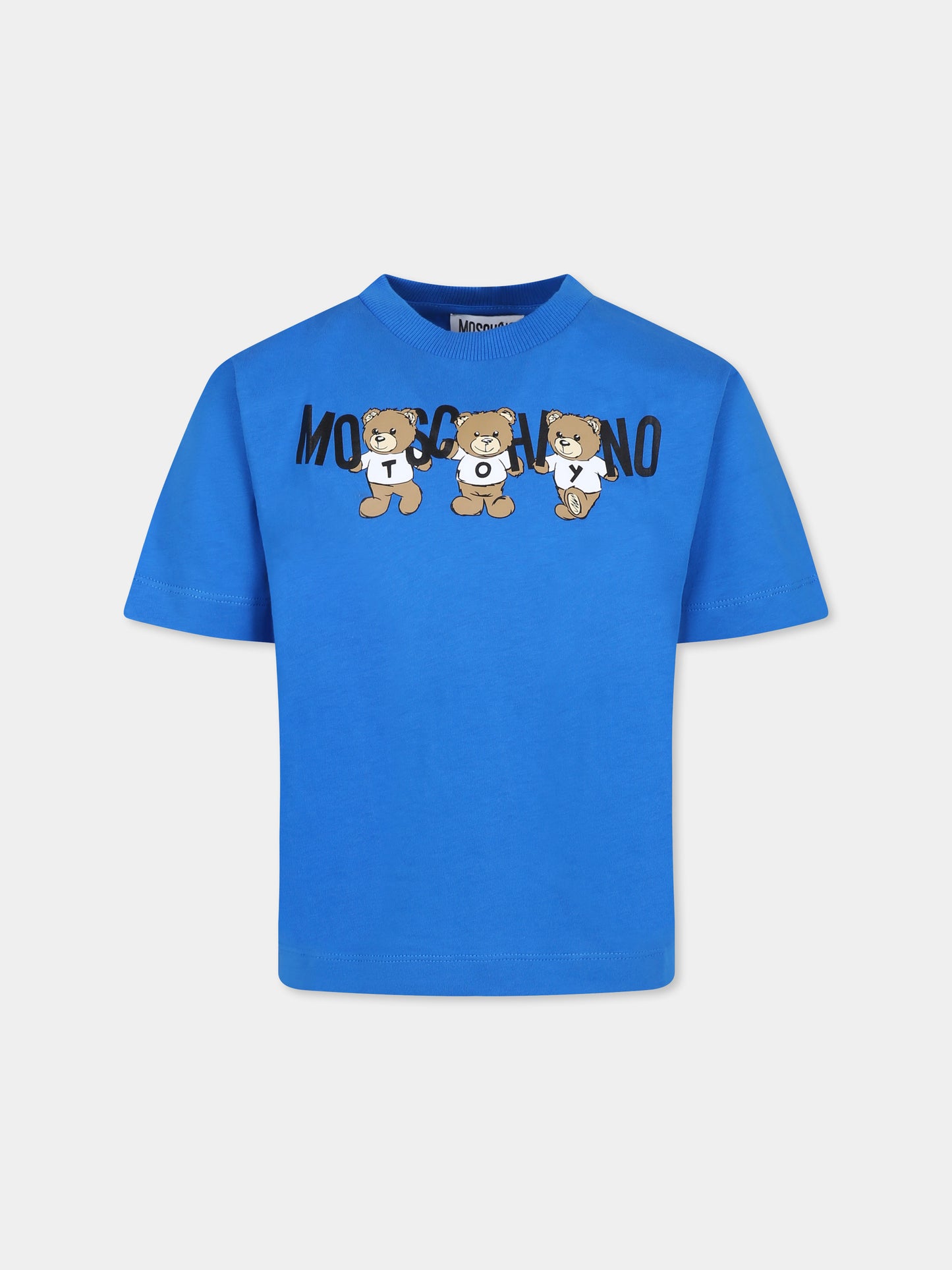 T-shirt blu per bambini con tre Teddy Bears,Moschino Kids,H9M03R LAA10 40515