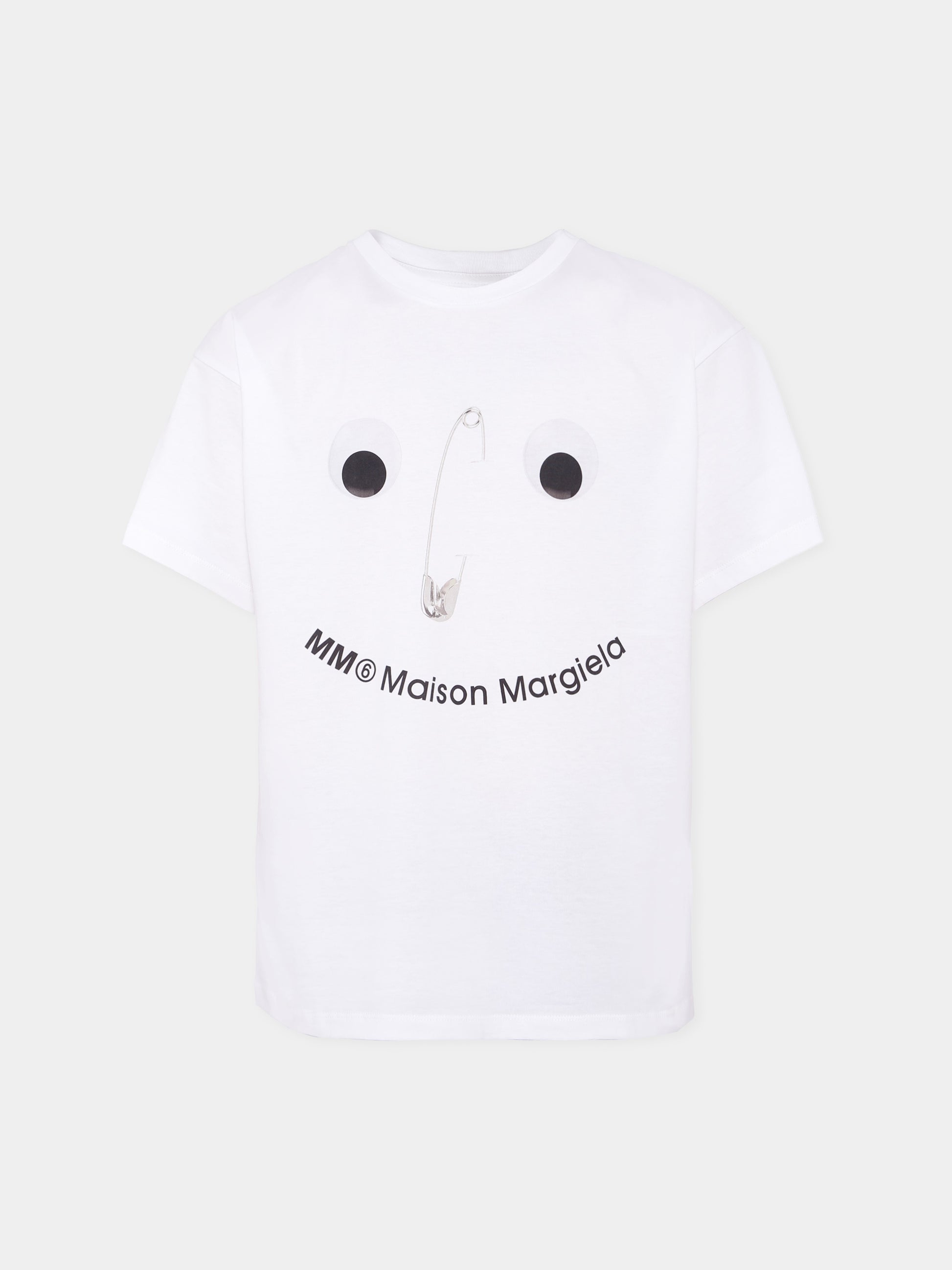 T-shirt bianca per bambini con spilla da balia,Mm6 Maison Margiela,M60907-MM04I-M6100