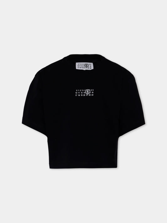 T-shirt crop nera per bambina con logo numerico,Mm6 Maison Margiela,M60908-MM04I-M6900