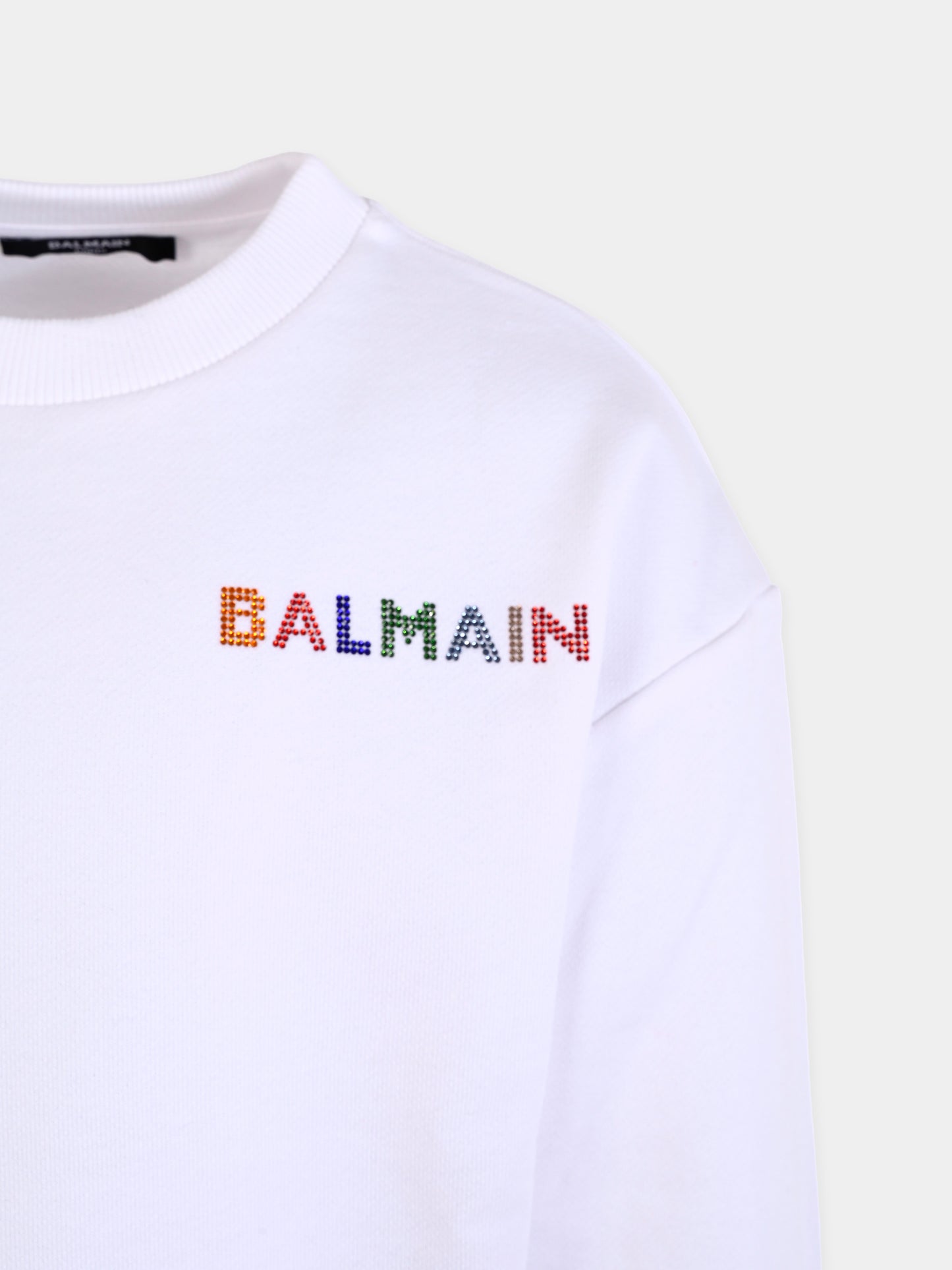 Felpa bianca per bambina con logo di strass,Balmain Kids,BX4A70-Z3183 100MC