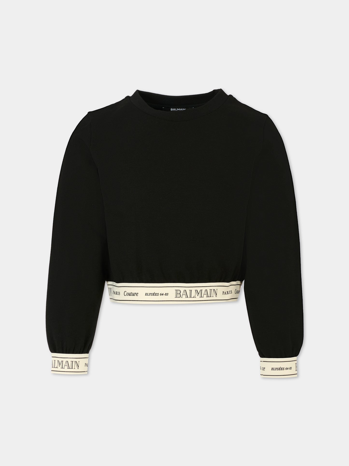 Felpa crop nera per bambina con logo,Balmain Kids,BX4B90-J0371 930AV