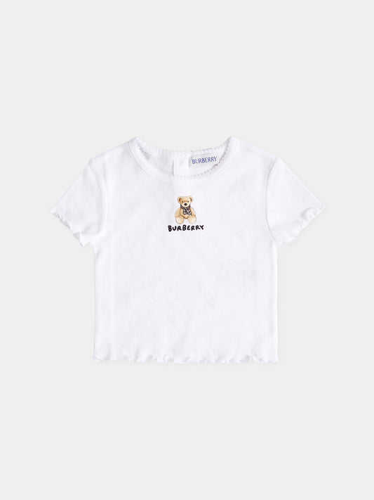 T-shirt bianca per neonata con orsetto e logo,Burberry Kids,8112514 A1464