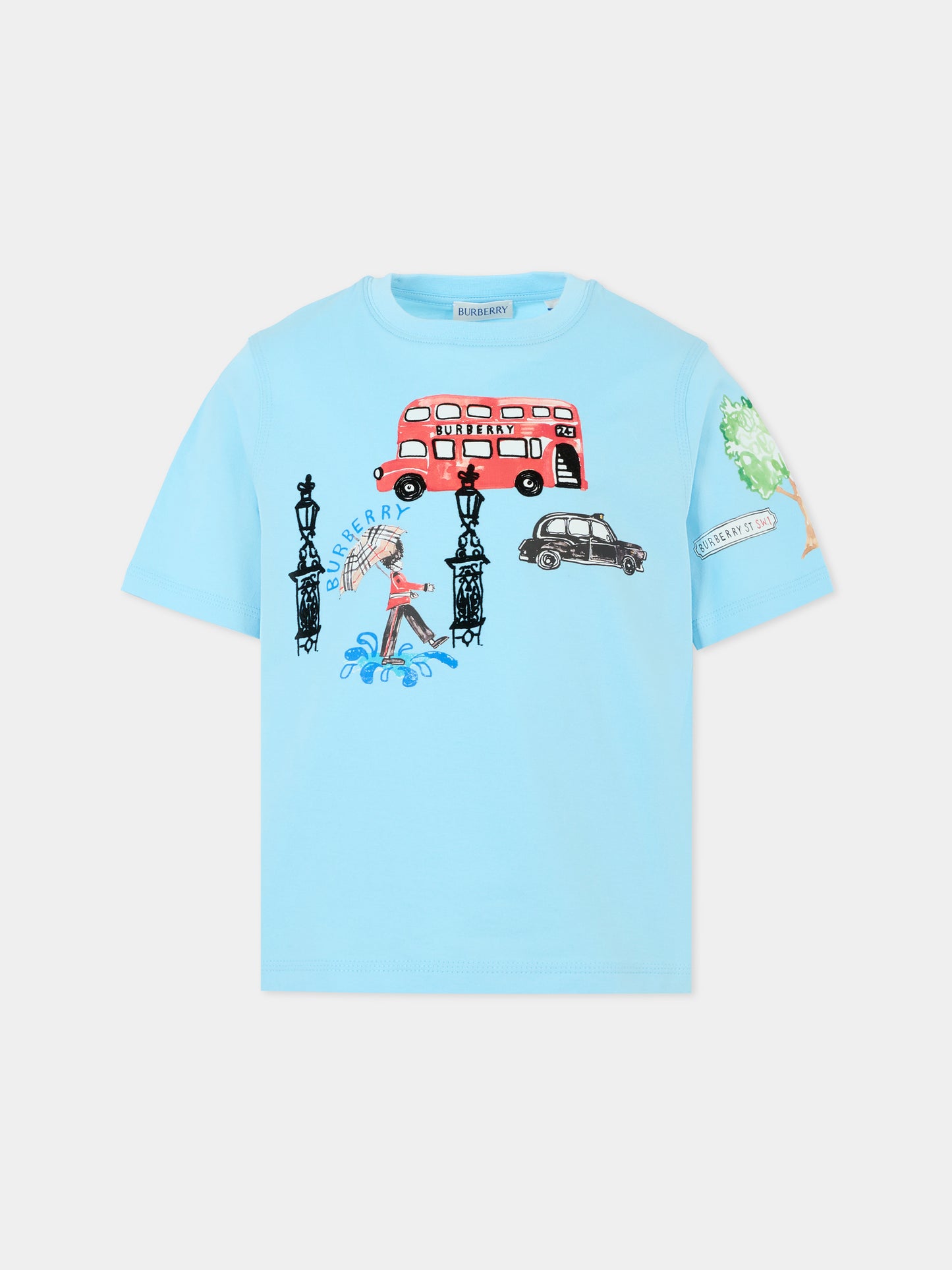 T-shirt azzurra per bambini con bus rosso e ombrello,Burberry Kids,8109526 C3044