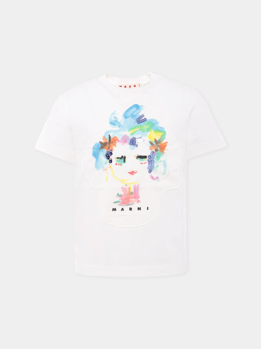 T-shirt bianca per bambina con stampa viso,Marni Kids,M01595 M00HZ 0M114