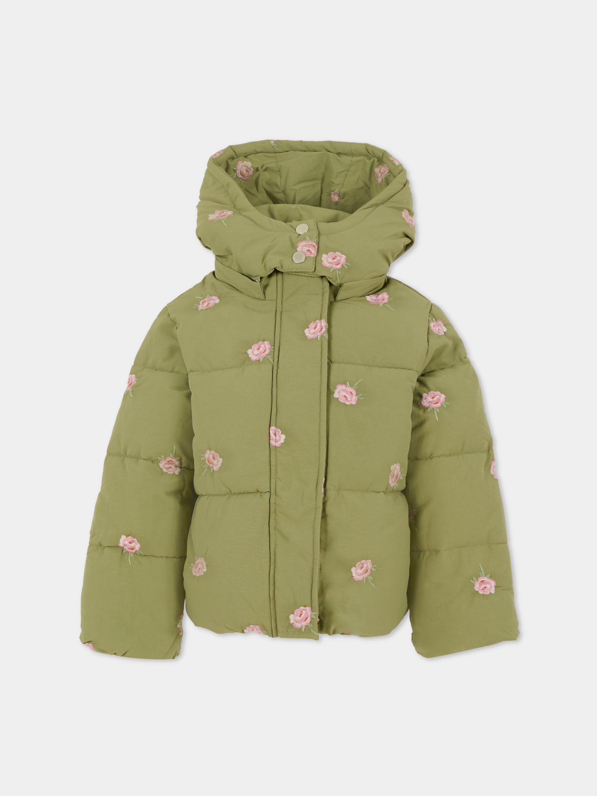 Piumino verde per bambina con fiori ricamati,Stella Mccartney Kids,TX2C77 Z3056 727EM