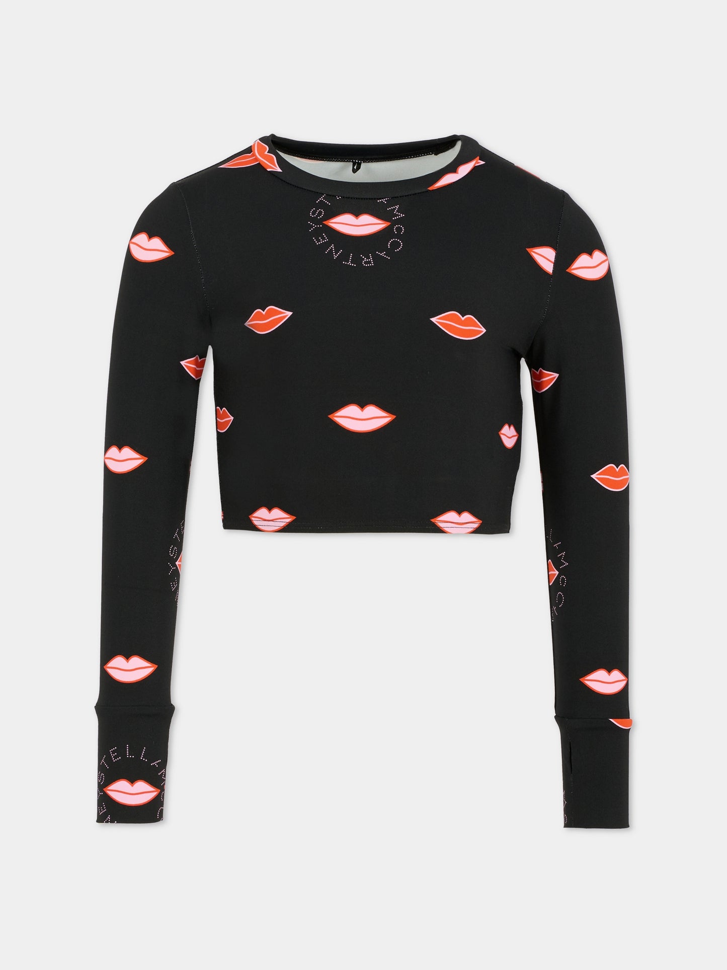 T-shirt crop nera per bambina con stampa bocca,Stella Mccartney Kids,TX8D50 Z3399 930MC