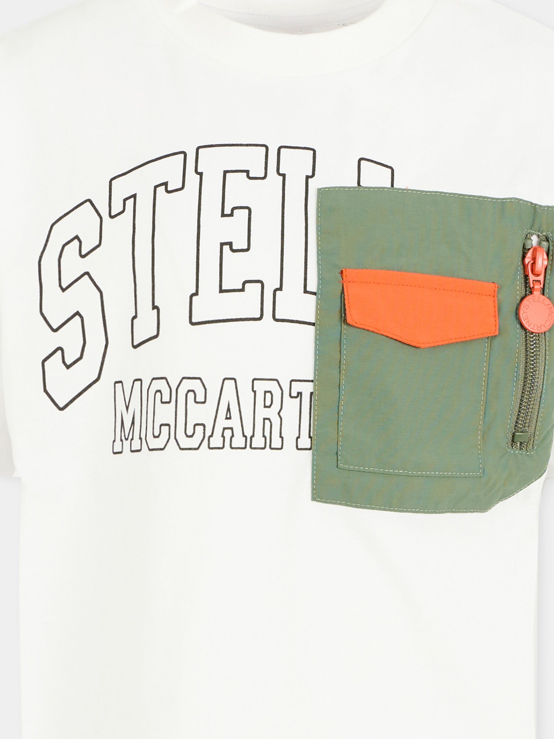 T-shirt bianca per bambino con tasca e logo,Stella Mccartney Kids,TX8R91 Z0434 100