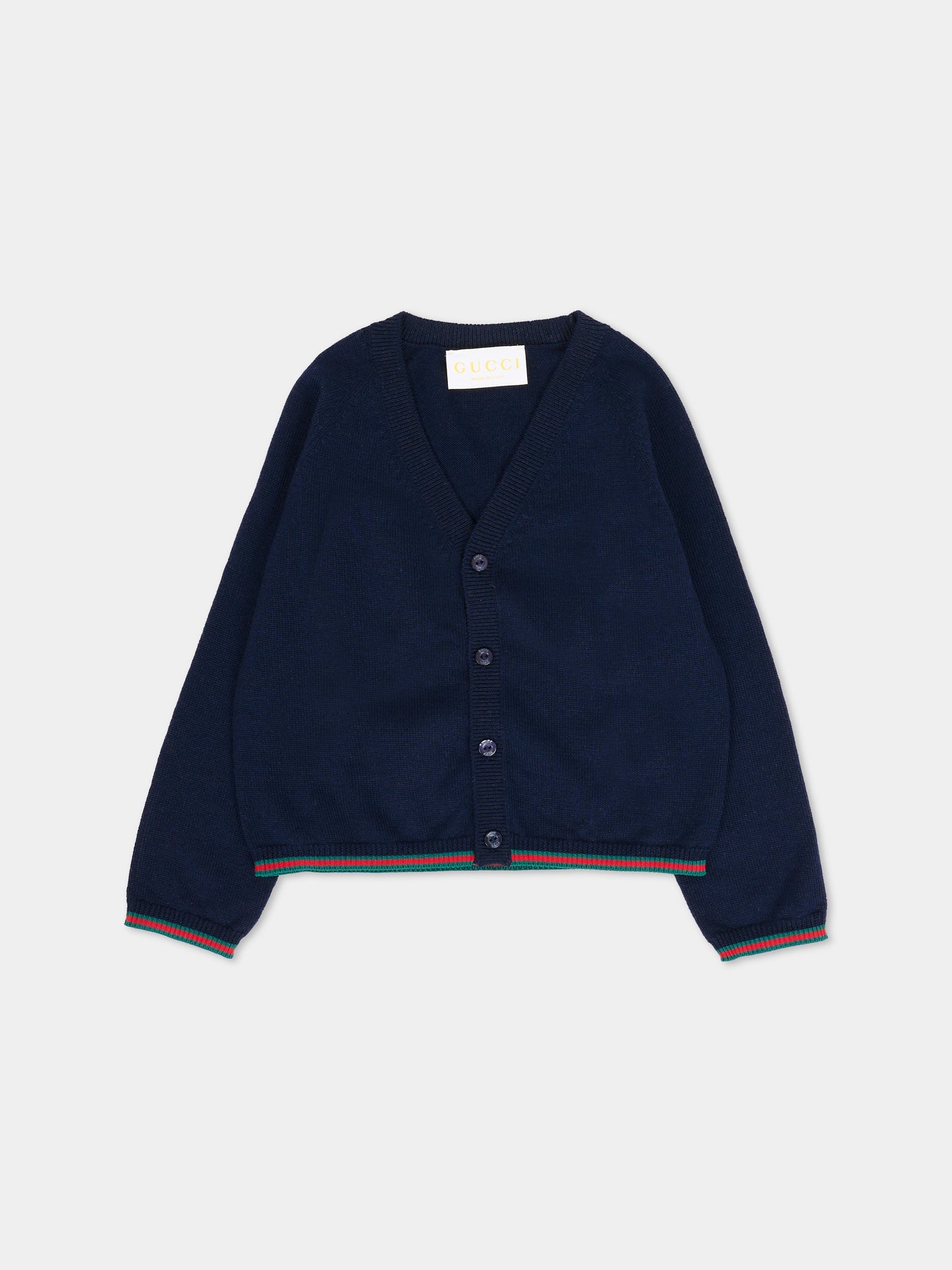 Cardigan blu per neonati con dettaglio Web,Gucci Kids,825858 XKEXN 4180