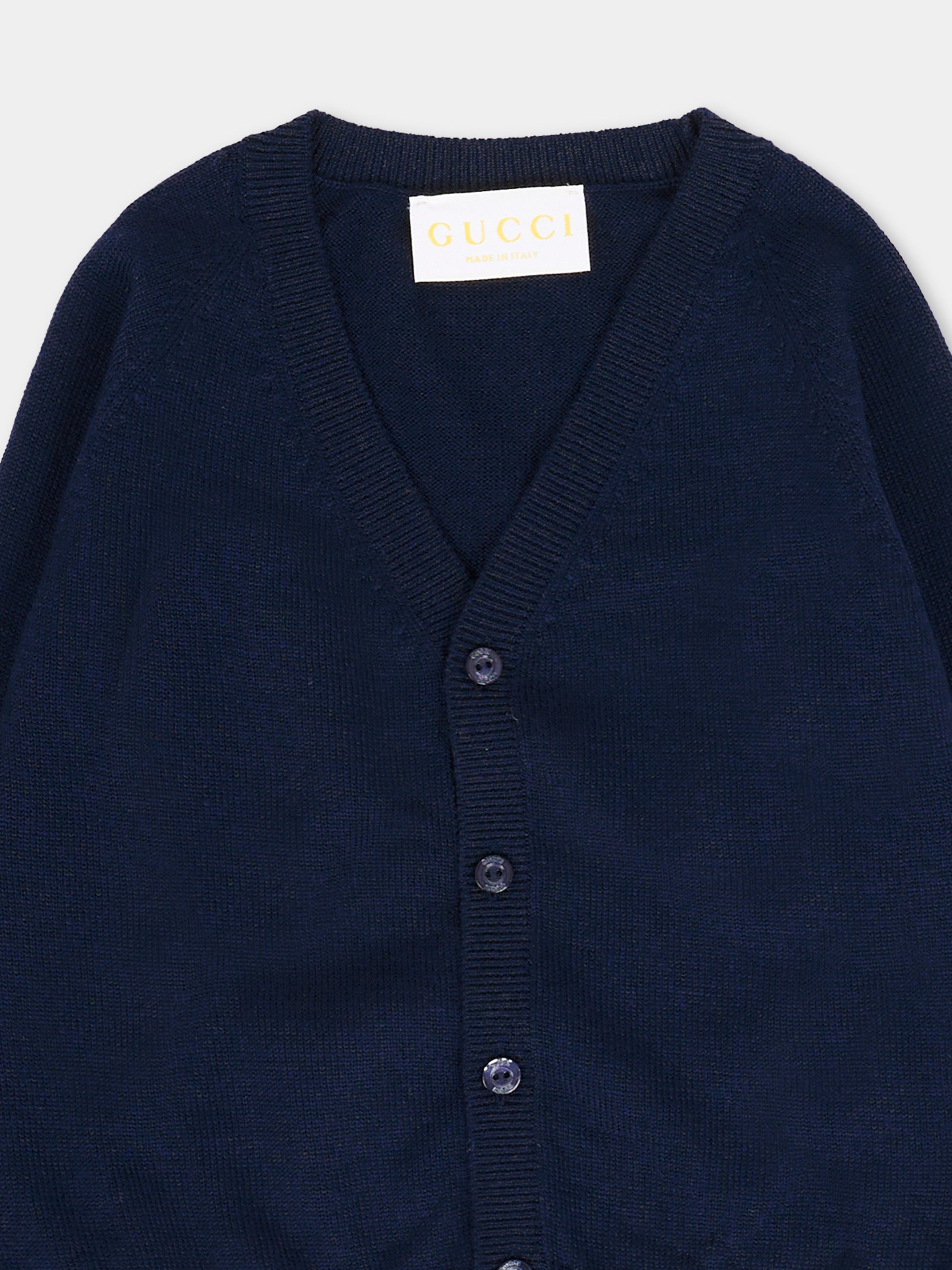 Cardigan blu per neonati con dettaglio Web,Gucci Kids,825858 XKEXN 4180