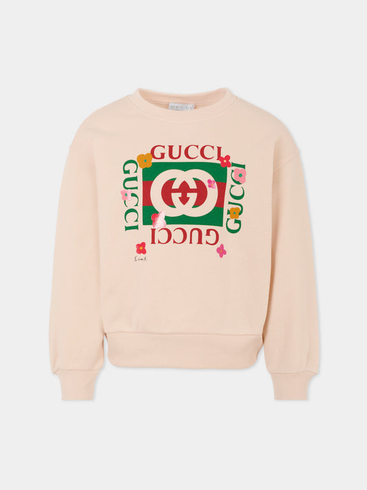 Felpa rosa per bambina con incrocio GG e fiori,Gucci Kids,799331 XJHFR 6341