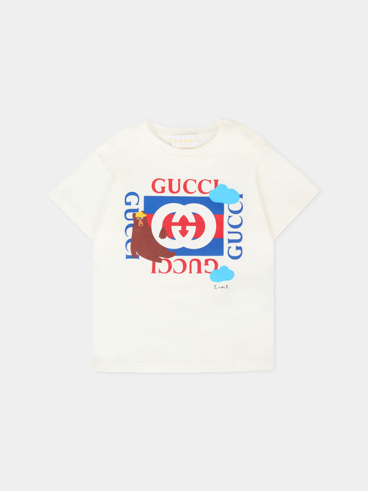 T-shirt bianca per neonato con stampa orso,Gucci Kids,837171 XJHE6 9214
