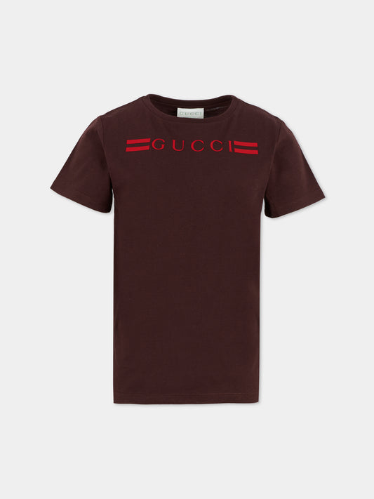 T-shirt marrone per bambini con logo,Gucci Kids,547559 XJHBQ 5032