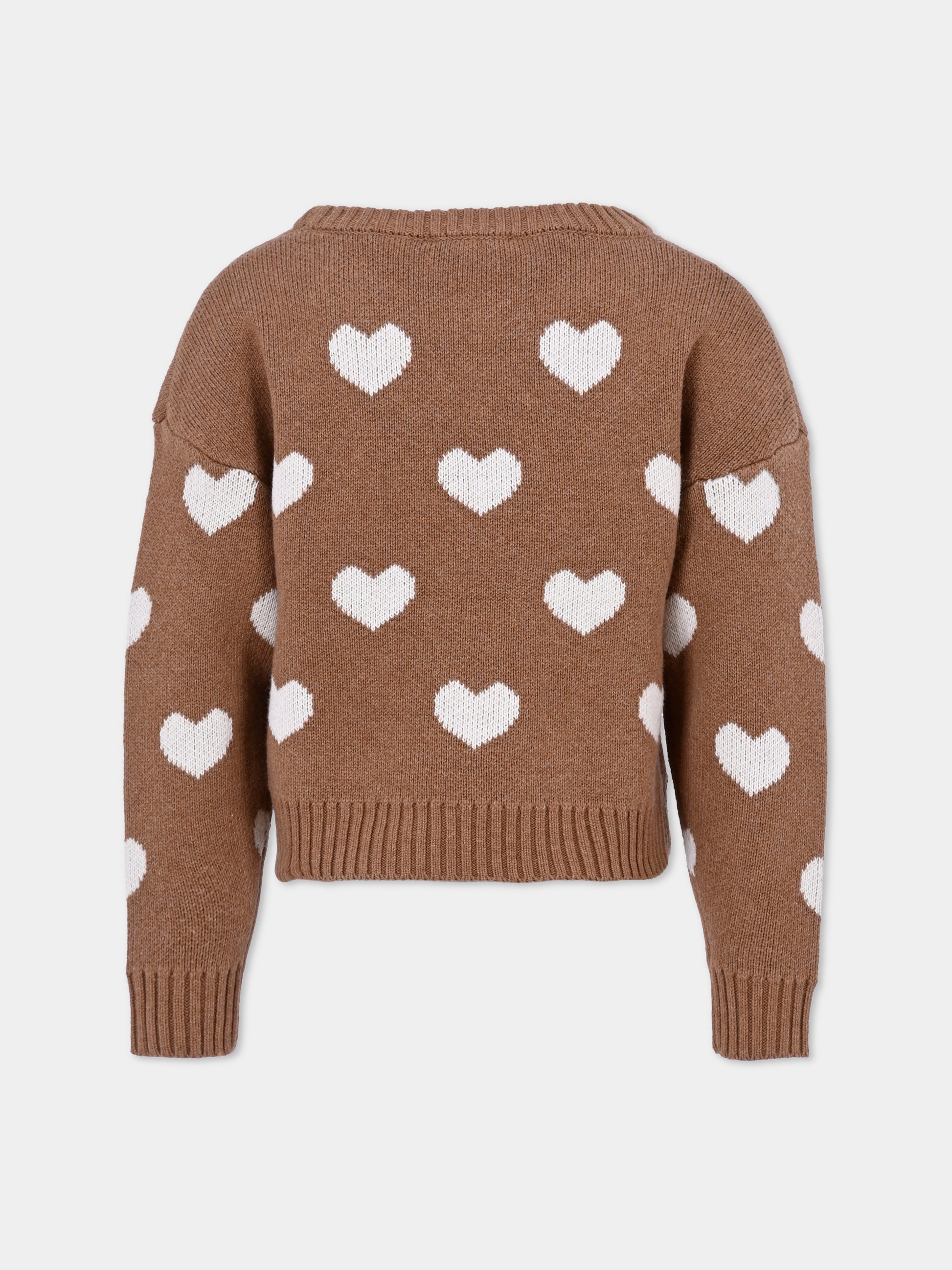 Maglione marrone per bambina con cuori all over,Monnalisa,17F603 6060 0006