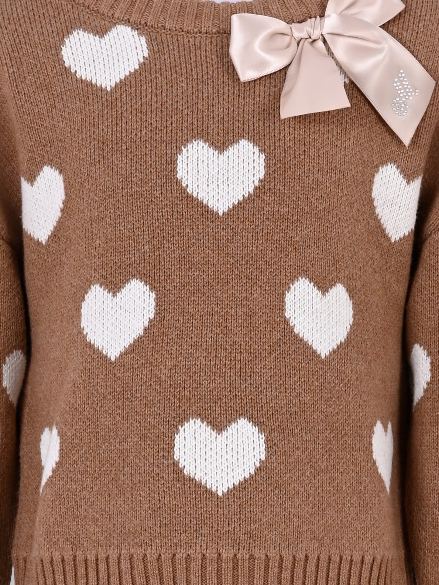 Maglione marrone per bambina con cuori all over,Monnalisa,17F603 6060 0006