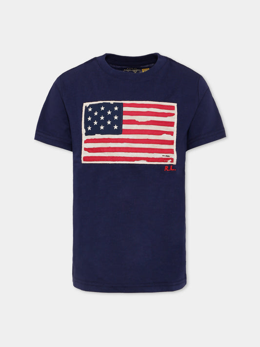 T-shirt blu per bambini con badiera americana,Ralph Lauren Kids,843794001