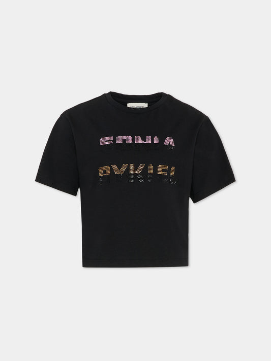 T-shirt crop nera per bambina con logo,Sonia Rykiel Paris,A00355 09B