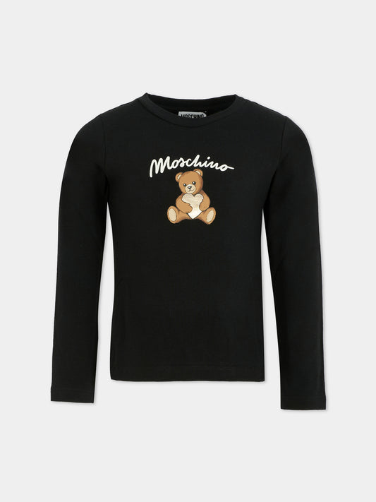 T-shirt nera per bambina con Teddy Bear e cuore,Moschino Kids,HDO010 LBA11 60100