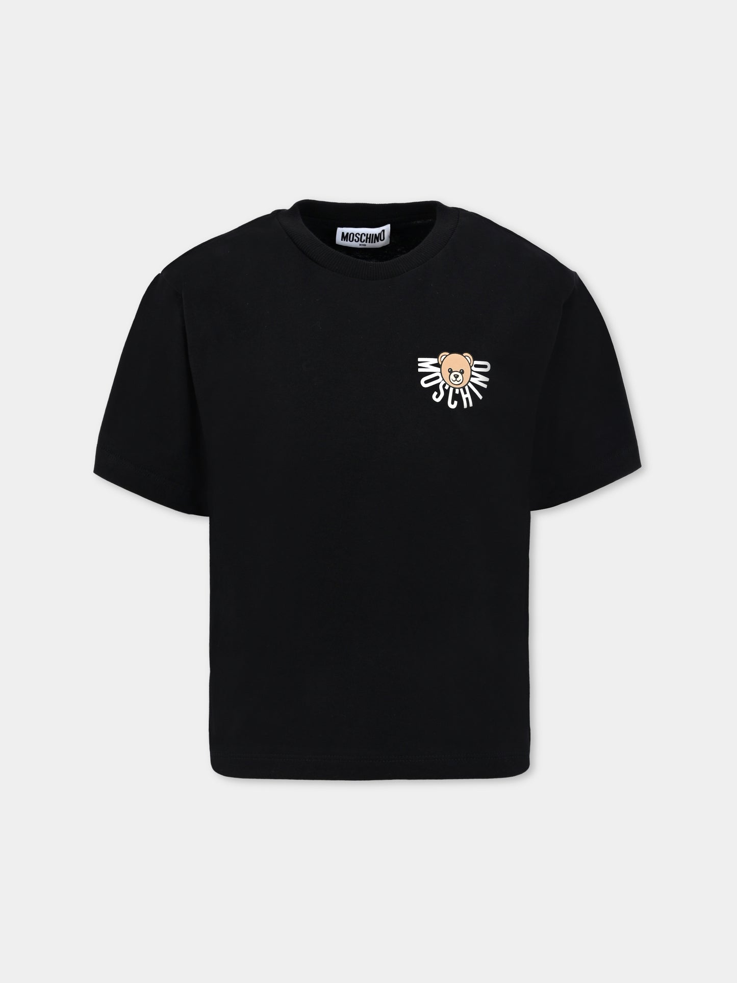T-shirt nera per bambini con logo e Teddy Bear,Moschino Kids,HOM05G LAA10 60100