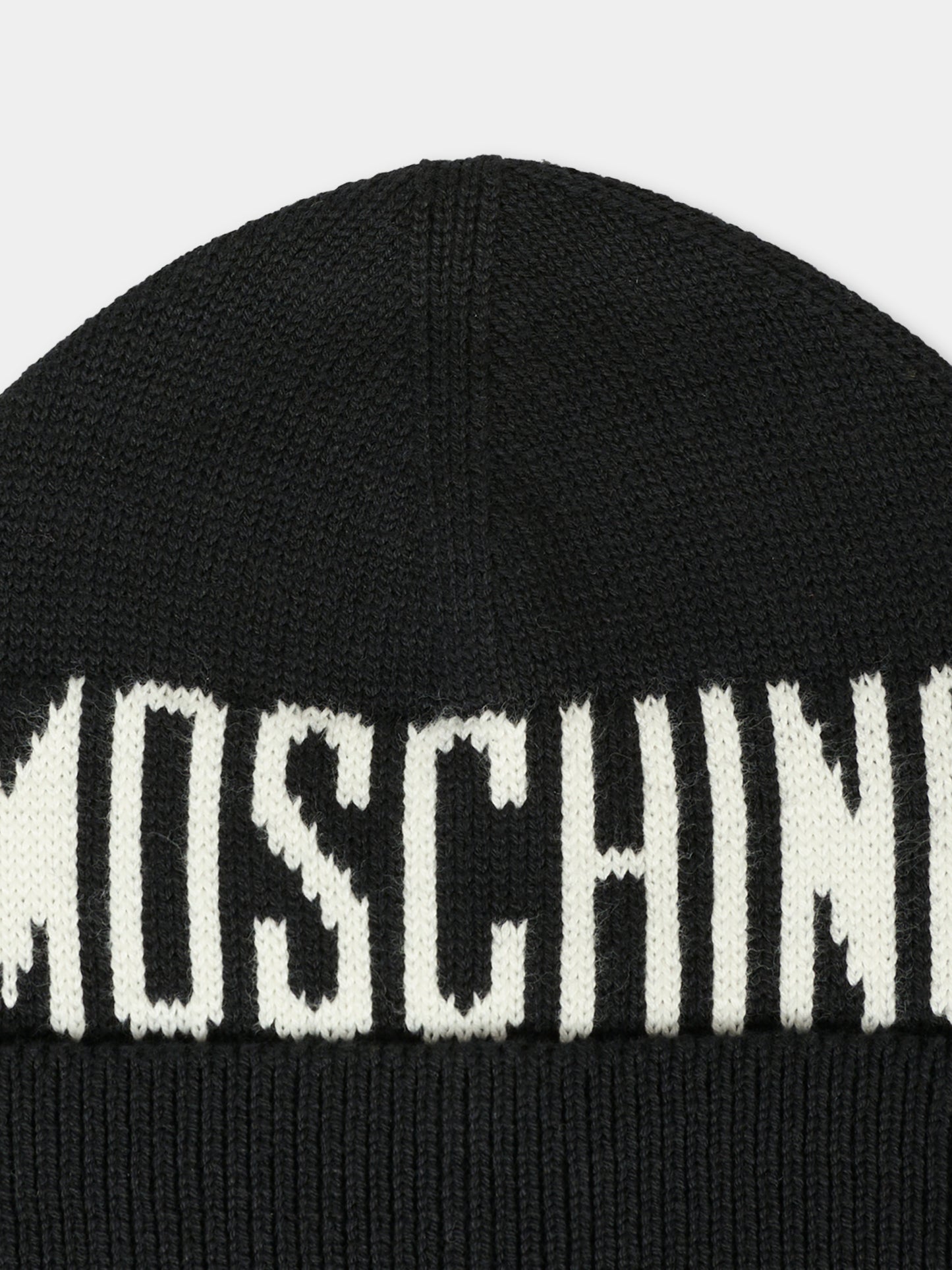 Berretto nero per bambini con logo bianco,Moschino Kids,HUX02P LHE66 60100