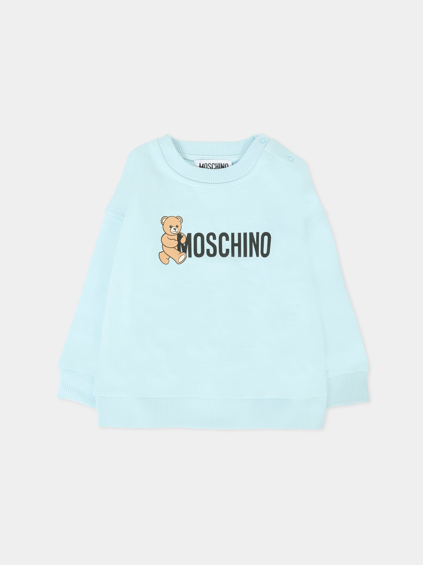 Felpa celeste per neonati con logo e Teddy Bear,Moschino Kids,M8F03Q LCA83 40304