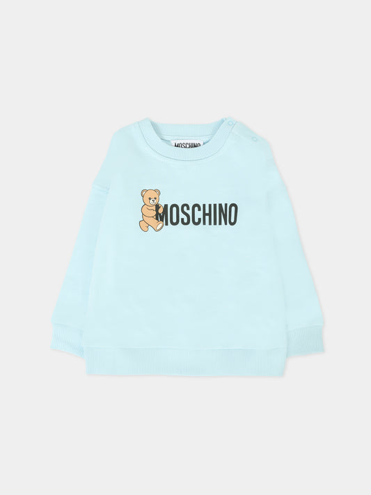 Felpa celeste per neonati con logo e Teddy Bear,Moschino Kids,M8F03Q LCA83 40304