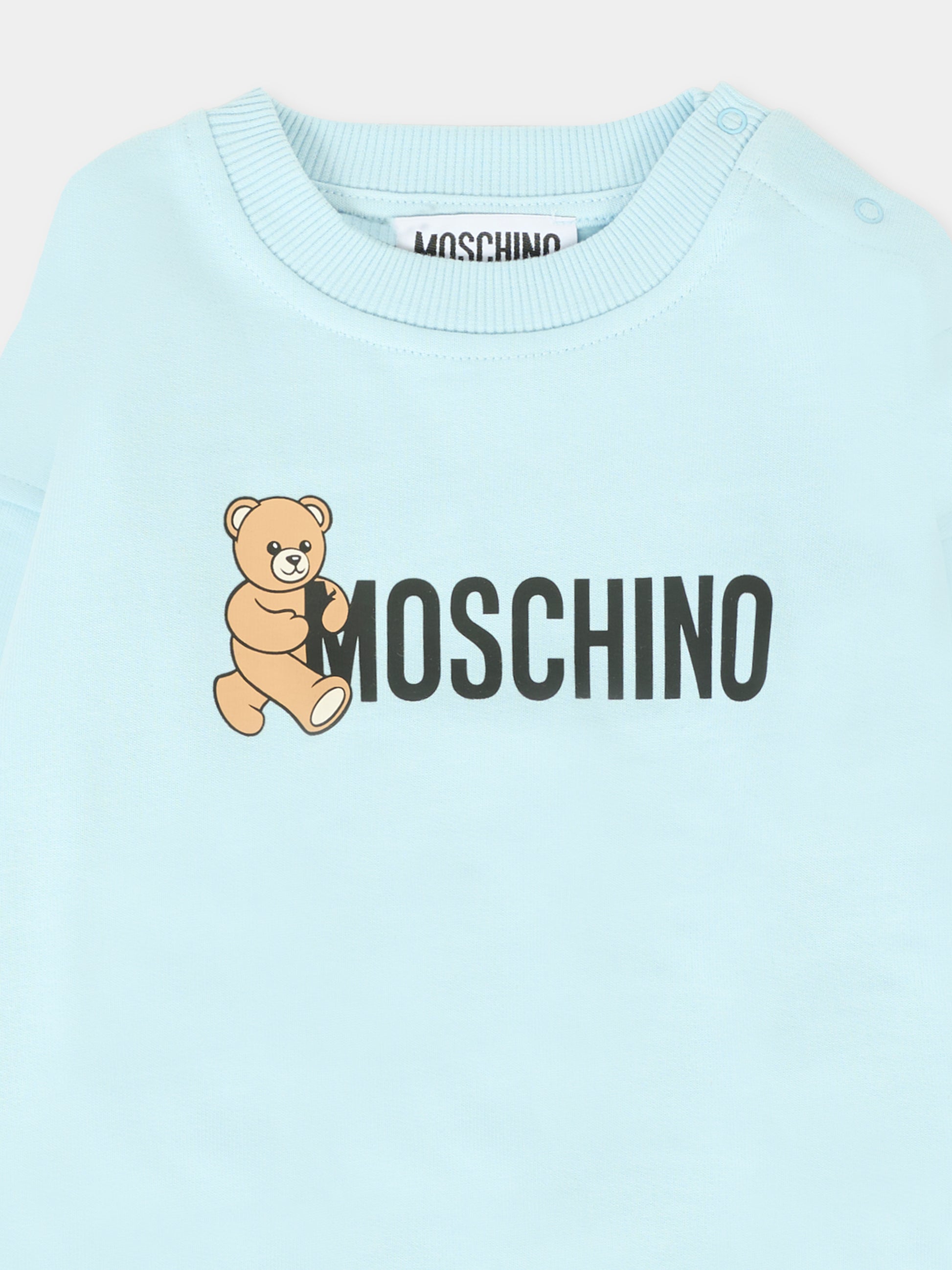 Felpa celeste per neonati con logo e Teddy Bear,Moschino Kids,M8F03Q LCA83 40304