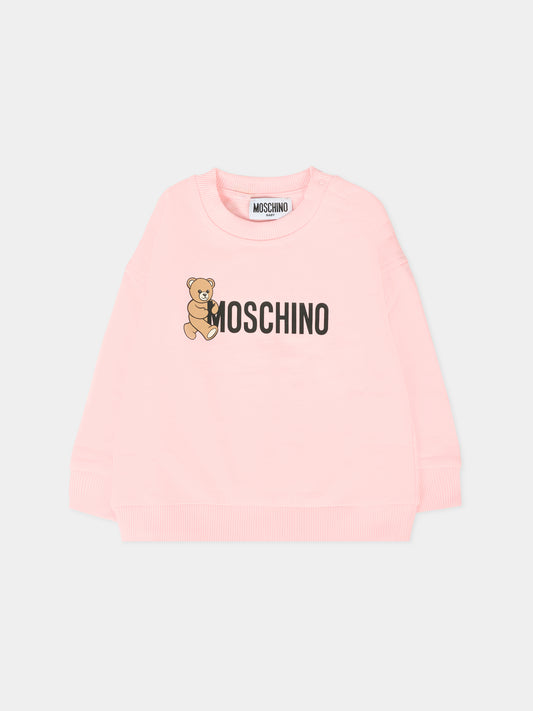 Felpa rosa per neonata con logo e Teddy Bear,Moschino Kids,M8F03Q LCA83 50209