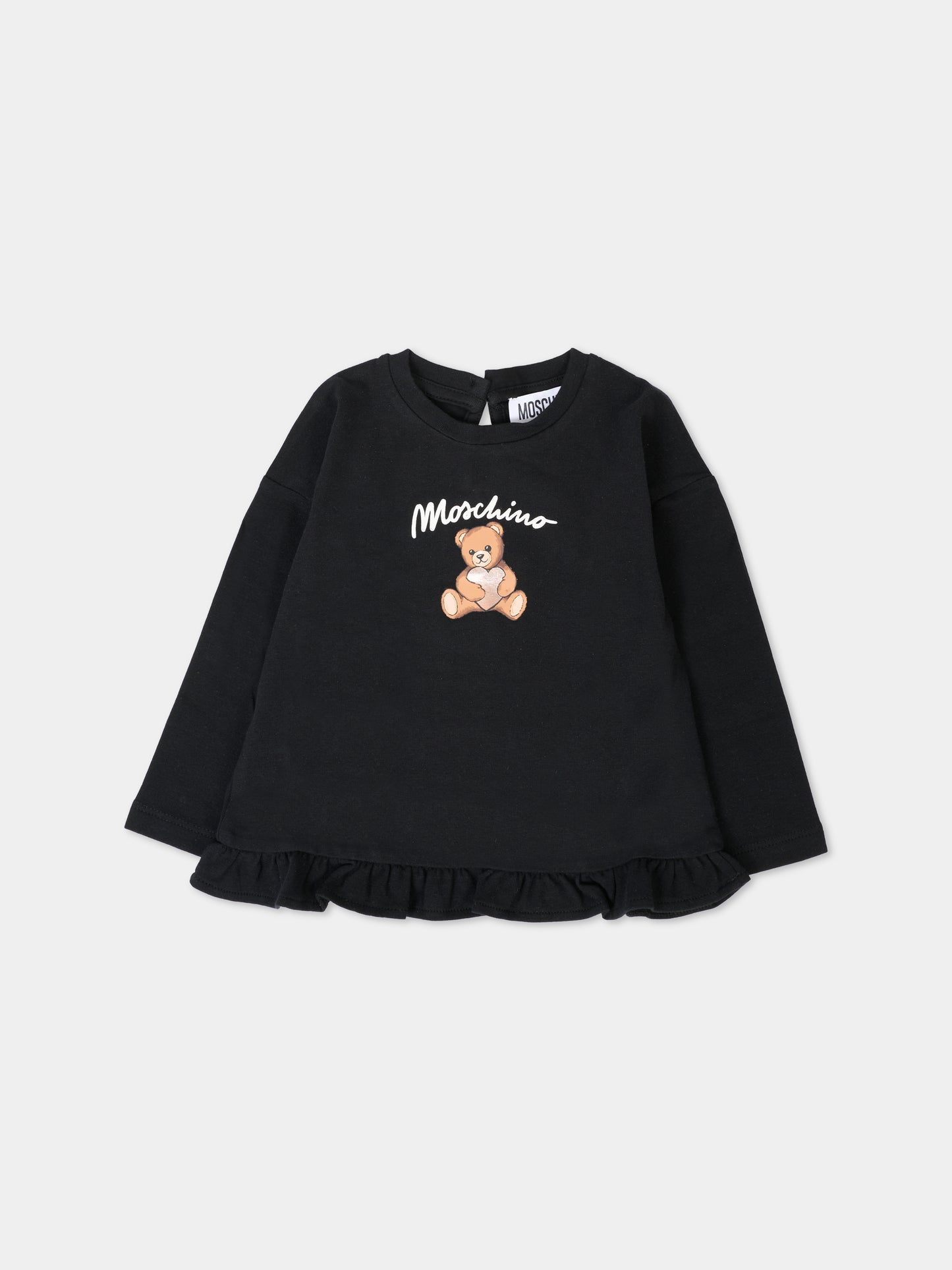 T-shirt nera per neonata con Teddy Bear e cuore,Moschino Kids,MDO00S LBA11 60100