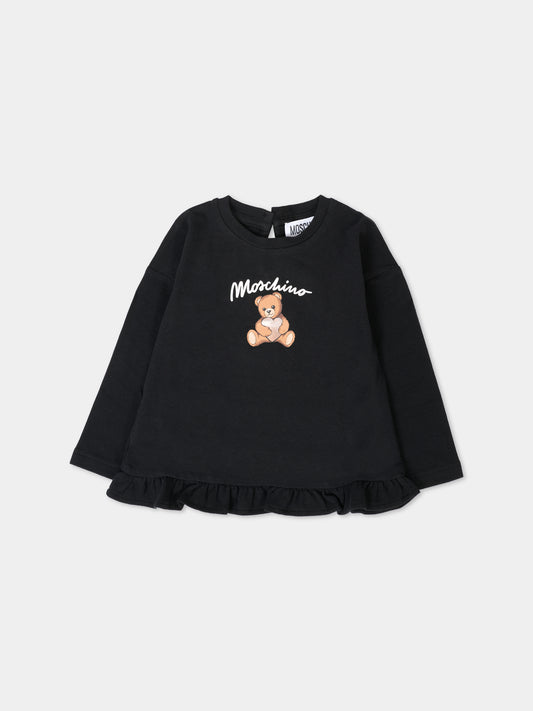 T-shirt nera per neonata con Teddy Bear e cuore,Moschino Kids,MDO00S LBA11 60100