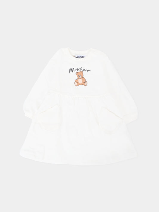 Vestito avorio per neonata con Teddy Bear e logo,Moschino Kids,MDV0CU LCA40 10063