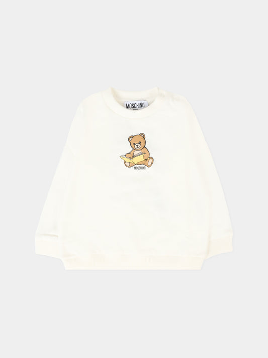 Felpa avorio per neonati con Teddy Bear e logo,Moschino Kids,MMF060 LCA40 10063