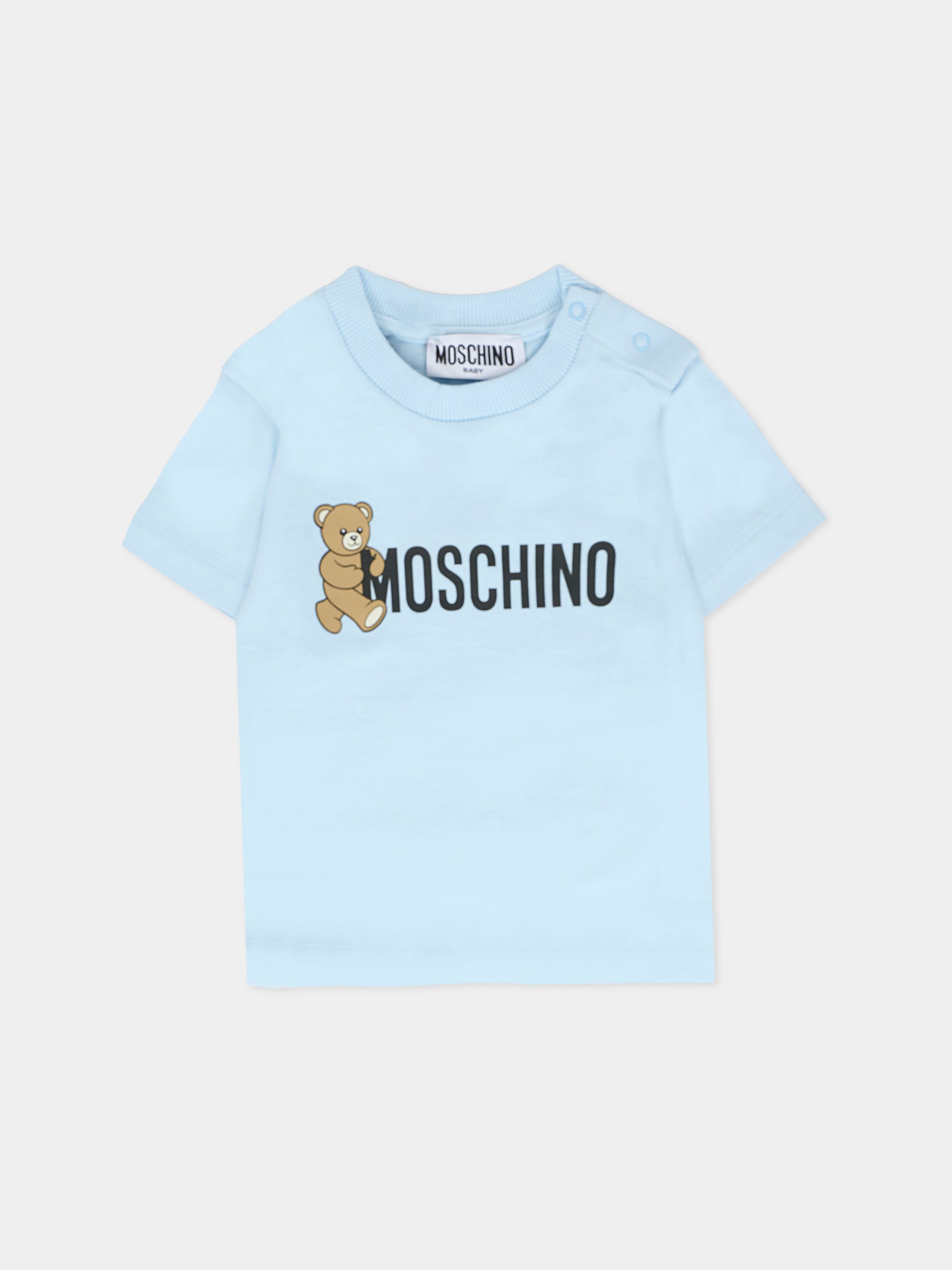 T-shirt celeste per neonato con Teddy Bear e logo,Moschino Kids,MRM047 LAA34 40304