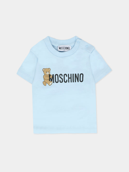 T-shirt celeste per neonato con Teddy Bear e logo,Moschino Kids,MRM047 LAA34 40304
