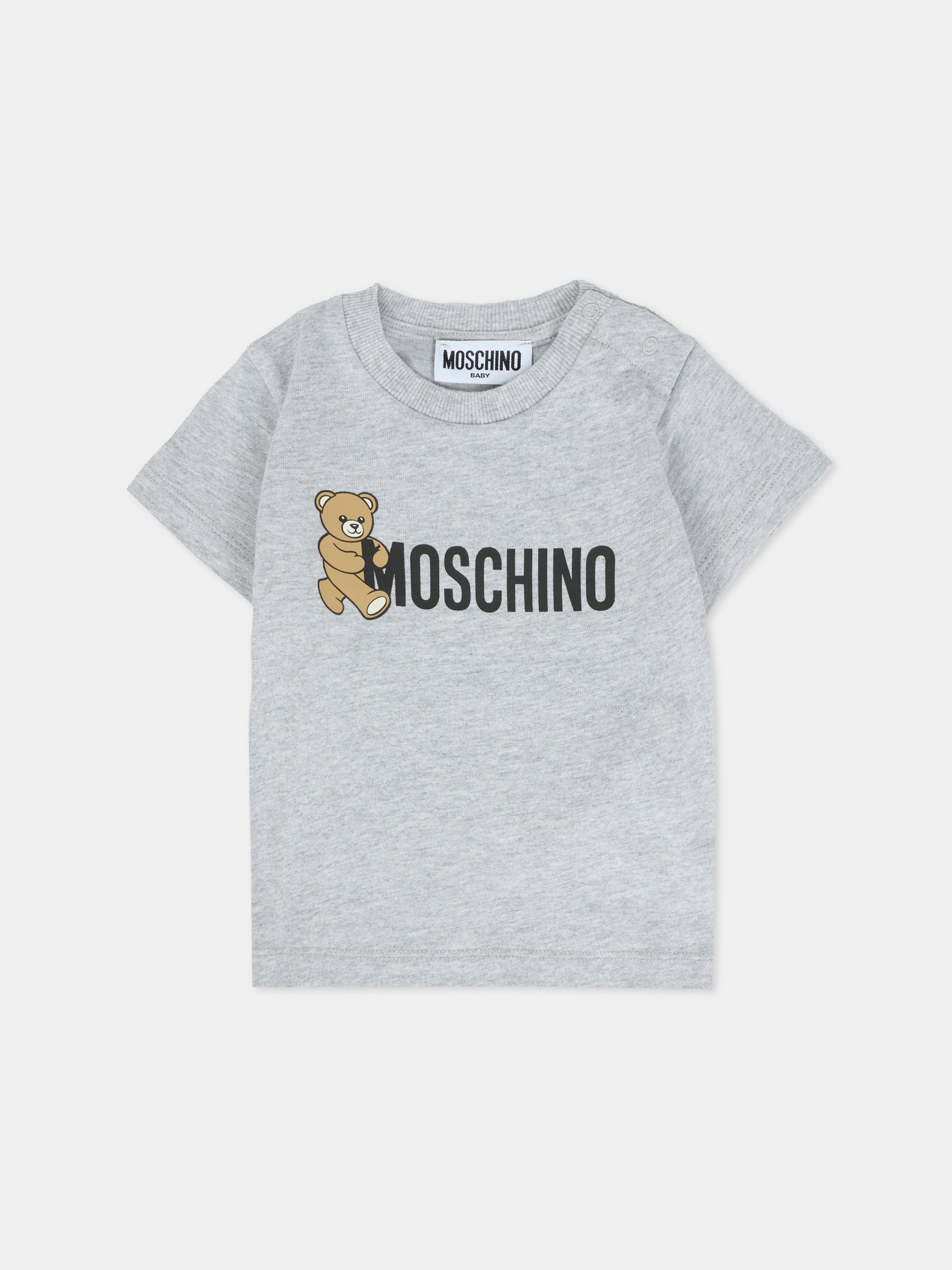 T-shirt grigia per neonati con Teddy Bear e logo,Moschino Kids,MRM047 LAA34 60901