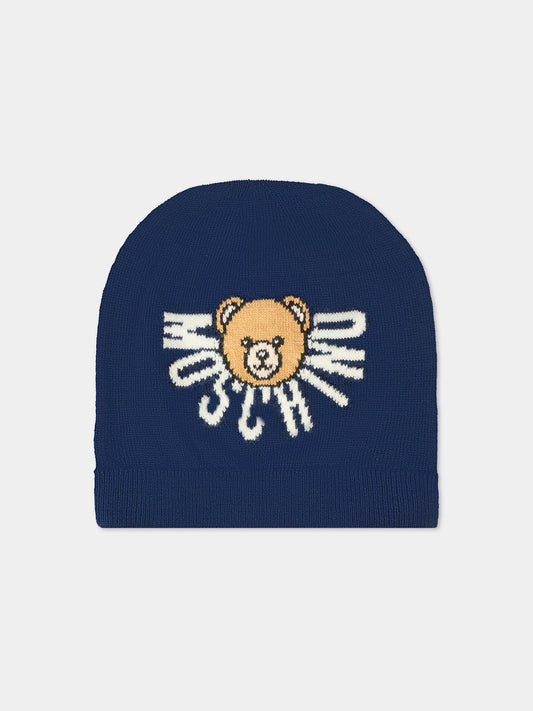 Berretto blu per neonato con Teddy Bear e logo,Moschino Kids,MUX05K LHE43 40016