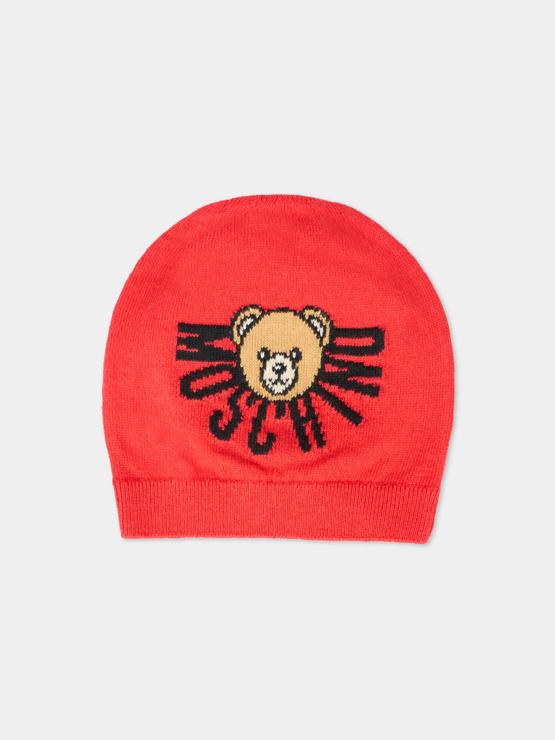 Berretto rosso per neonati con Teddy Bear e logo,Moschino Kids,MUX05K LHE43 50109