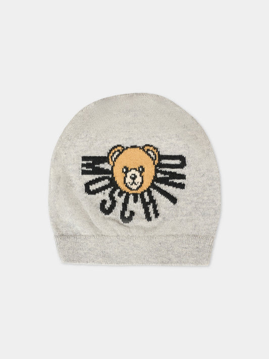 Berretto grigio per neonati con Teddy Bear e logo,Moschino Kids,MUX05K LHE43 60901
