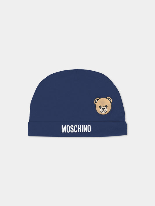 Berretto blu per neonato con Teddy Bear,Moschino Kids,MUX05L LCA40 40016