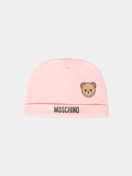 Berretto rosa per neonata con Teddy Bear,Moschino Kids,MUX05L LCA40 50209